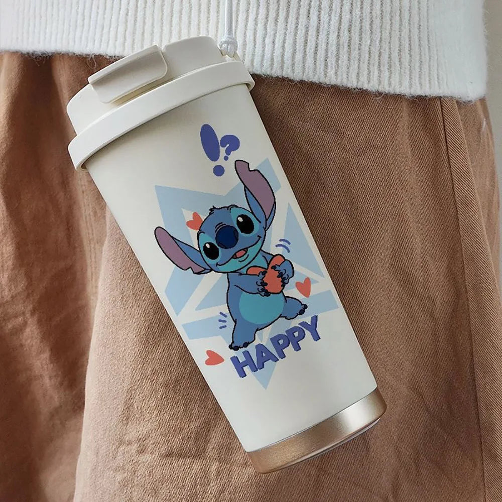 Tazza termica in acciaio inox 304 con cannuccia, Kawaii Stitch Anime, da 600 ml, portatile, doppia bottiglia per l'acqua potabile