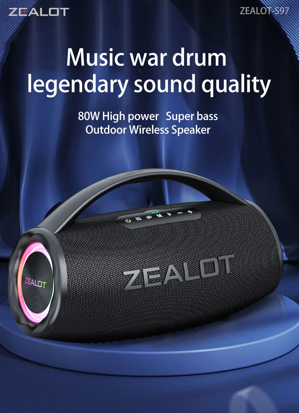 Casse wireless ZEALOT S97 80W portatile per esterni, qualità audio Hifi, luce RGB, 24 ore di riproduzione, 16000mAh