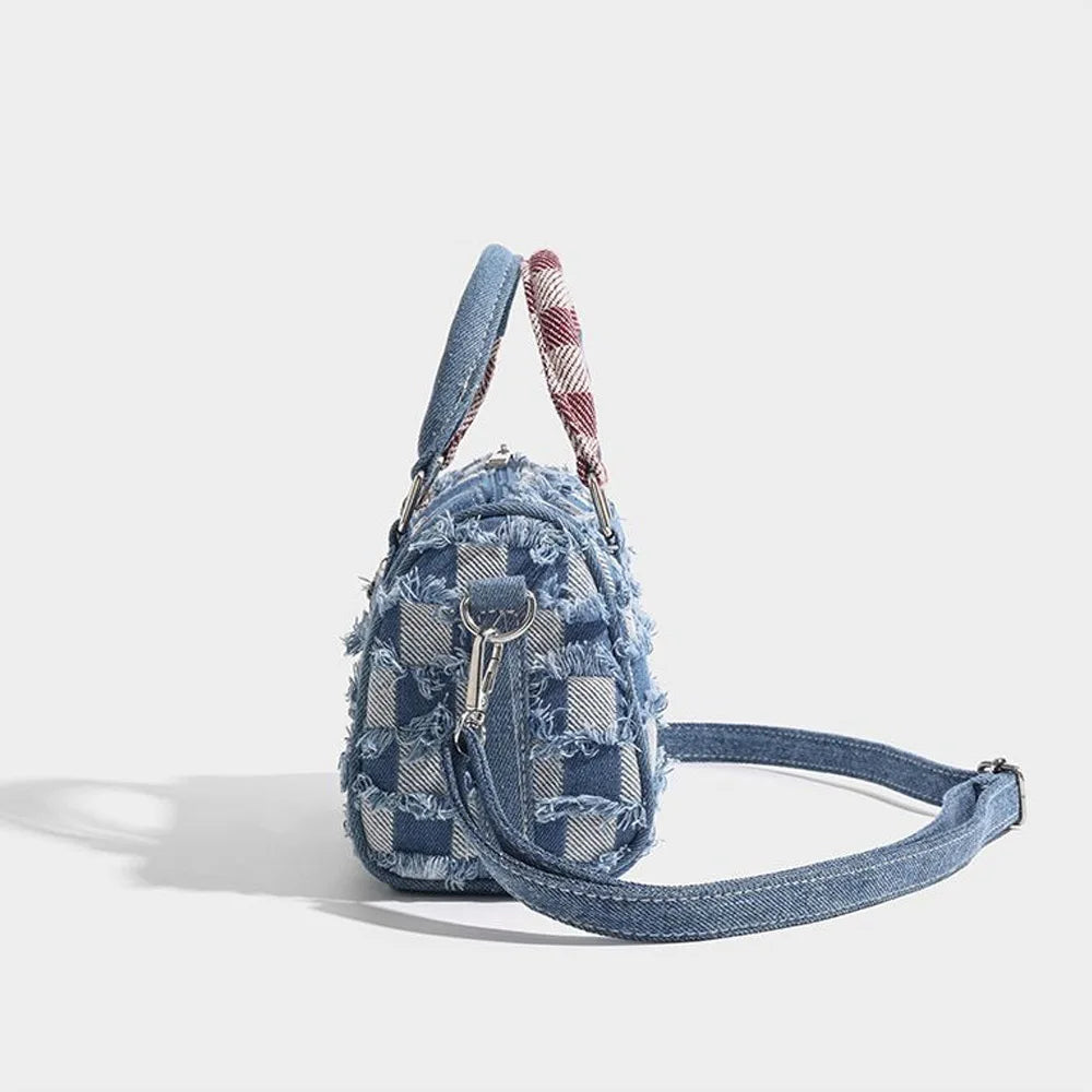 Borsa a tracolla in denim con motivo a cartoni animati, a contrasto, alla moda, con colori a contrasto, da donna, tote bag casual.