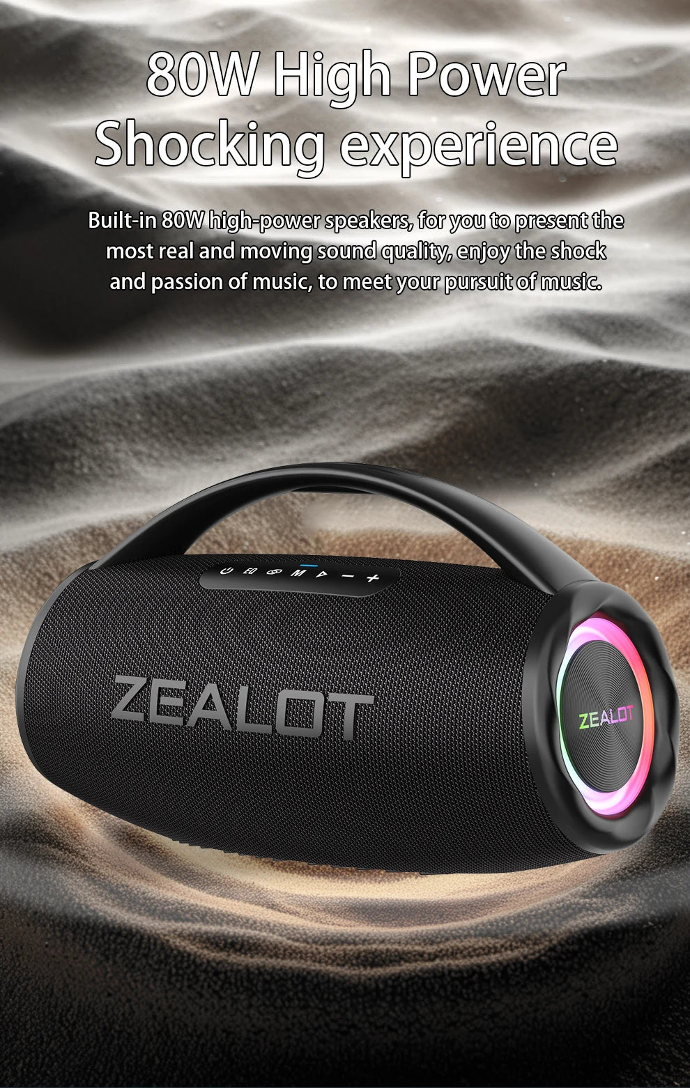 Casse wireless ZEALOT S97 80W portatile per esterni, qualità audio Hifi, luce RGB, 24 ore di riproduzione, 16000mAh