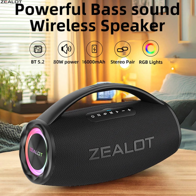 Casse wireless ZEALOT S97 80W portatile per esterni, qualità audio Hifi, luce RGB, 24 ore di riproduzione, 16000mAh