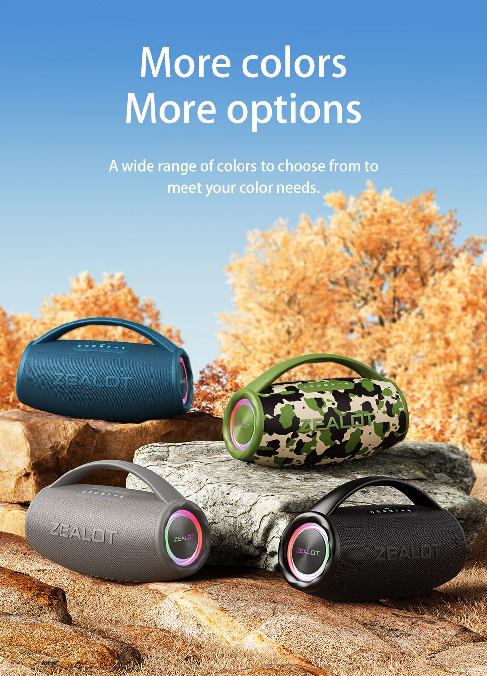Casse wireless ZEALOT S97 80W portatile per esterni, qualità audio Hifi, luce RGB, 24 ore di riproduzione, 16000mAh