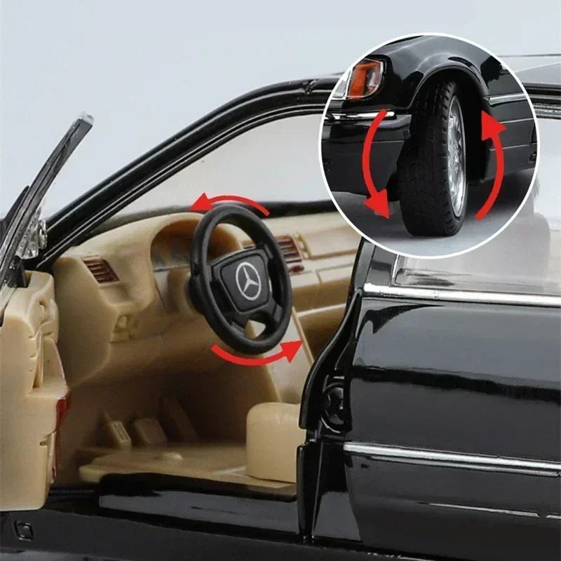 Modello di auto in scala 1:24 Mercedes Benz S320 W140 in lega con suono e luce, collezione di veicoli giocattolo.