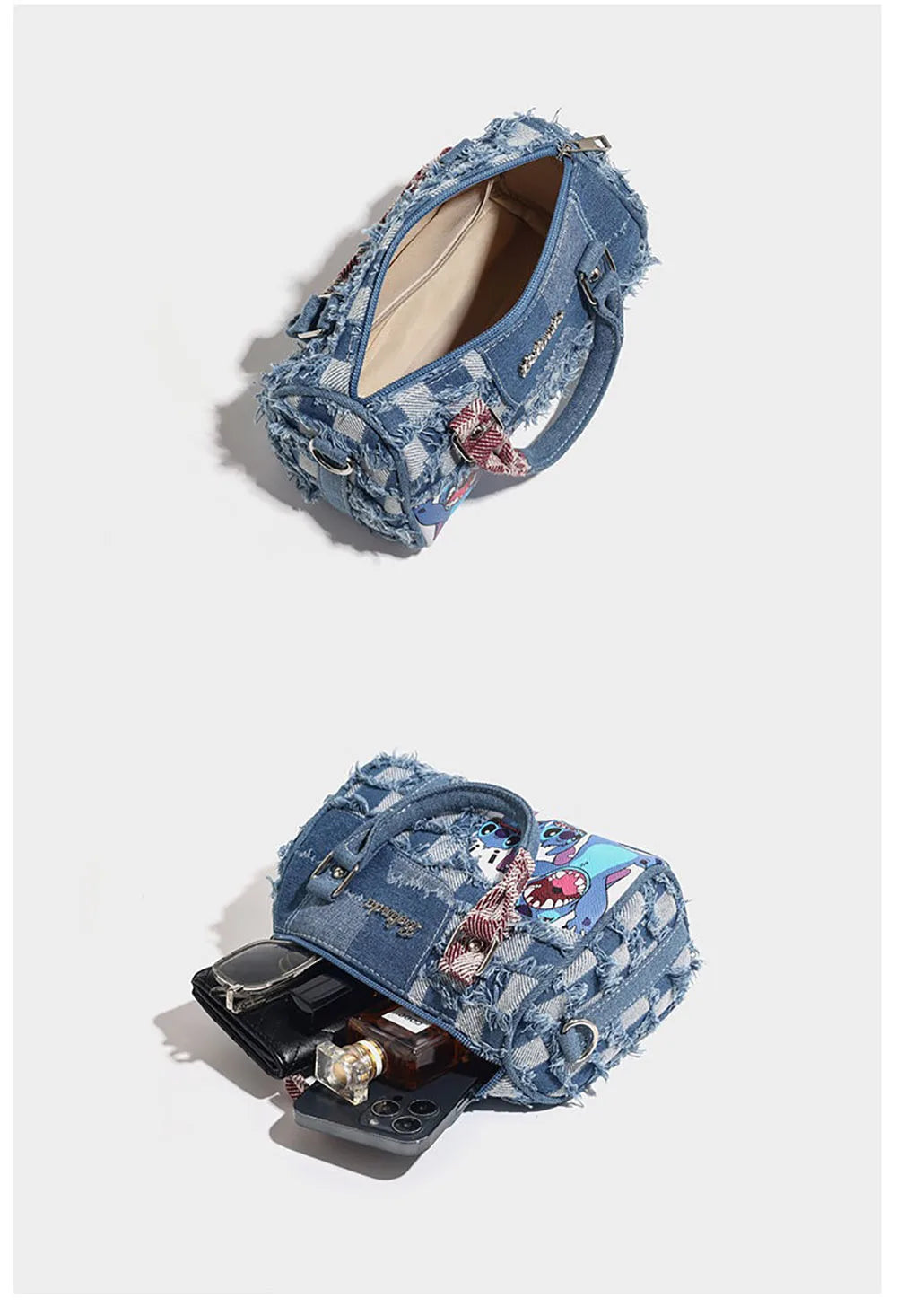 Borsa a tracolla in denim con motivo a cartoni animati, a contrasto, alla moda, con colori a contrasto, da donna, tote bag casual.