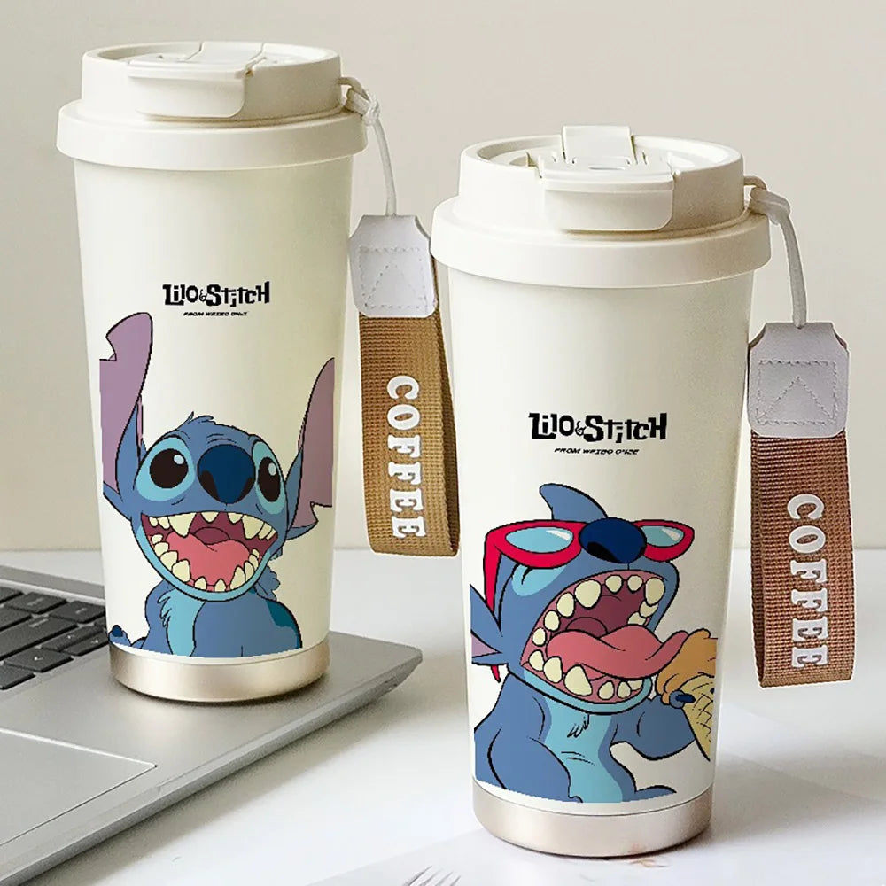 Tazza termica in acciaio inox 304 con cannuccia, Kawaii Stitch Anime, da 600 ml, portatile, doppia bottiglia per l'acqua potabile