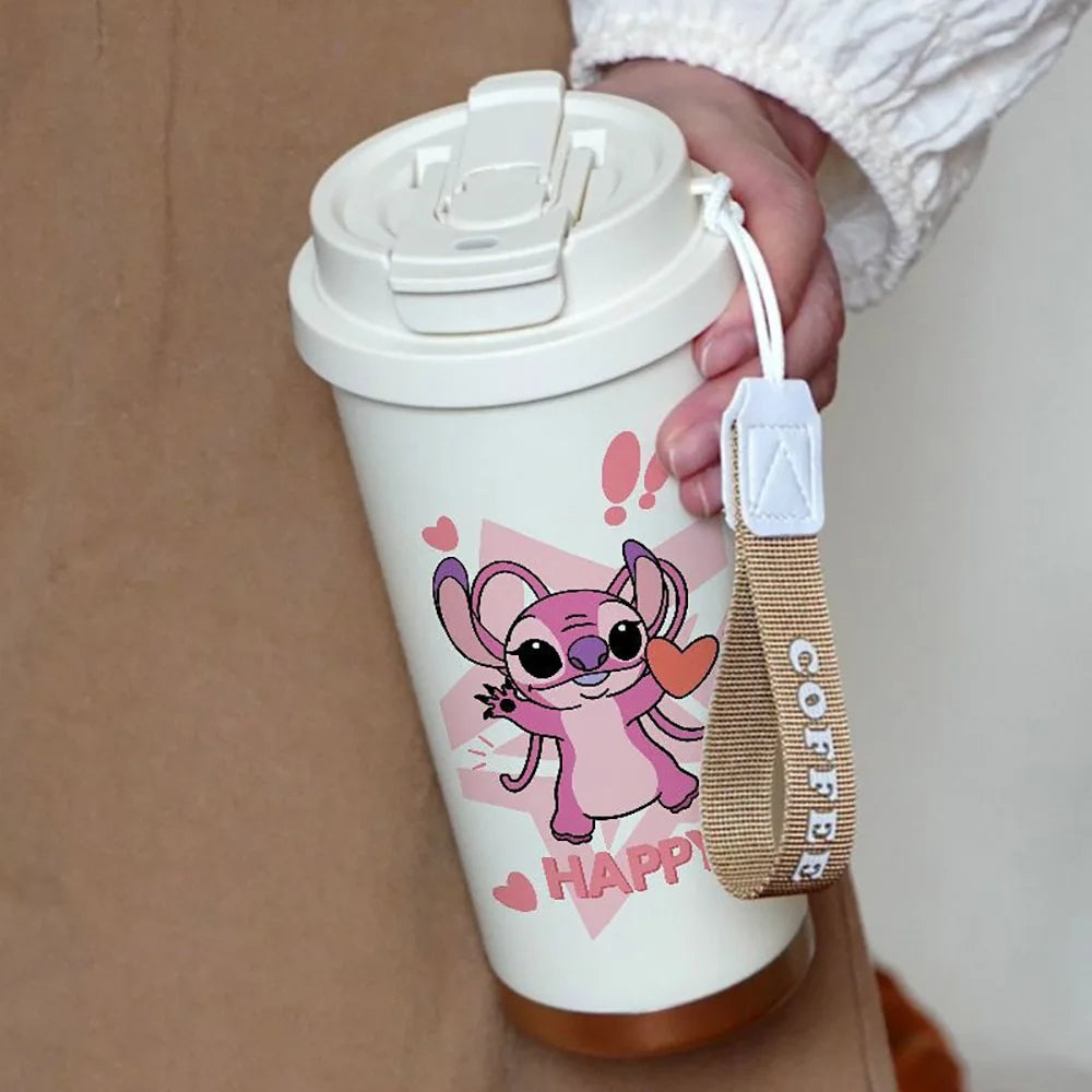 Tazza termica in acciaio inox 304 con cannuccia, Kawaii Stitch Anime, da 600 ml, portatile, doppia bottiglia per l'acqua potabile