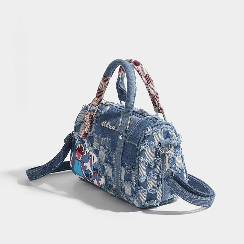 Borsa a tracolla in denim con motivo a cartoni animati, a contrasto, alla moda, con colori a contrasto, da donna, tote bag casual.