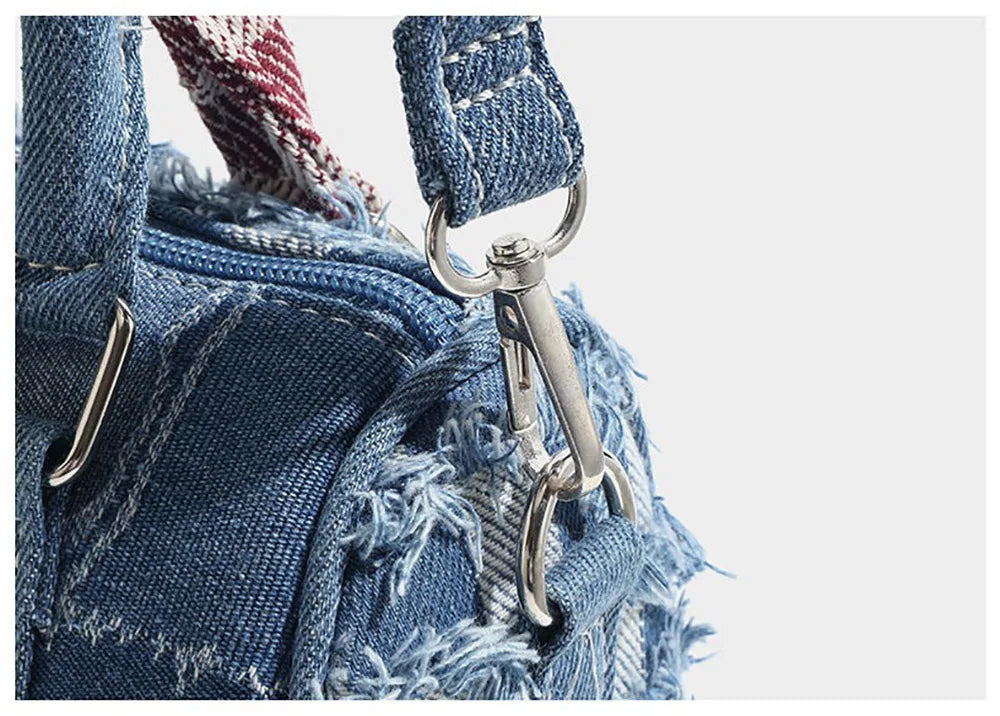 Borsa a tracolla in denim con motivo a cartoni animati, a contrasto, alla moda, con colori a contrasto, da donna, tote bag casual.
