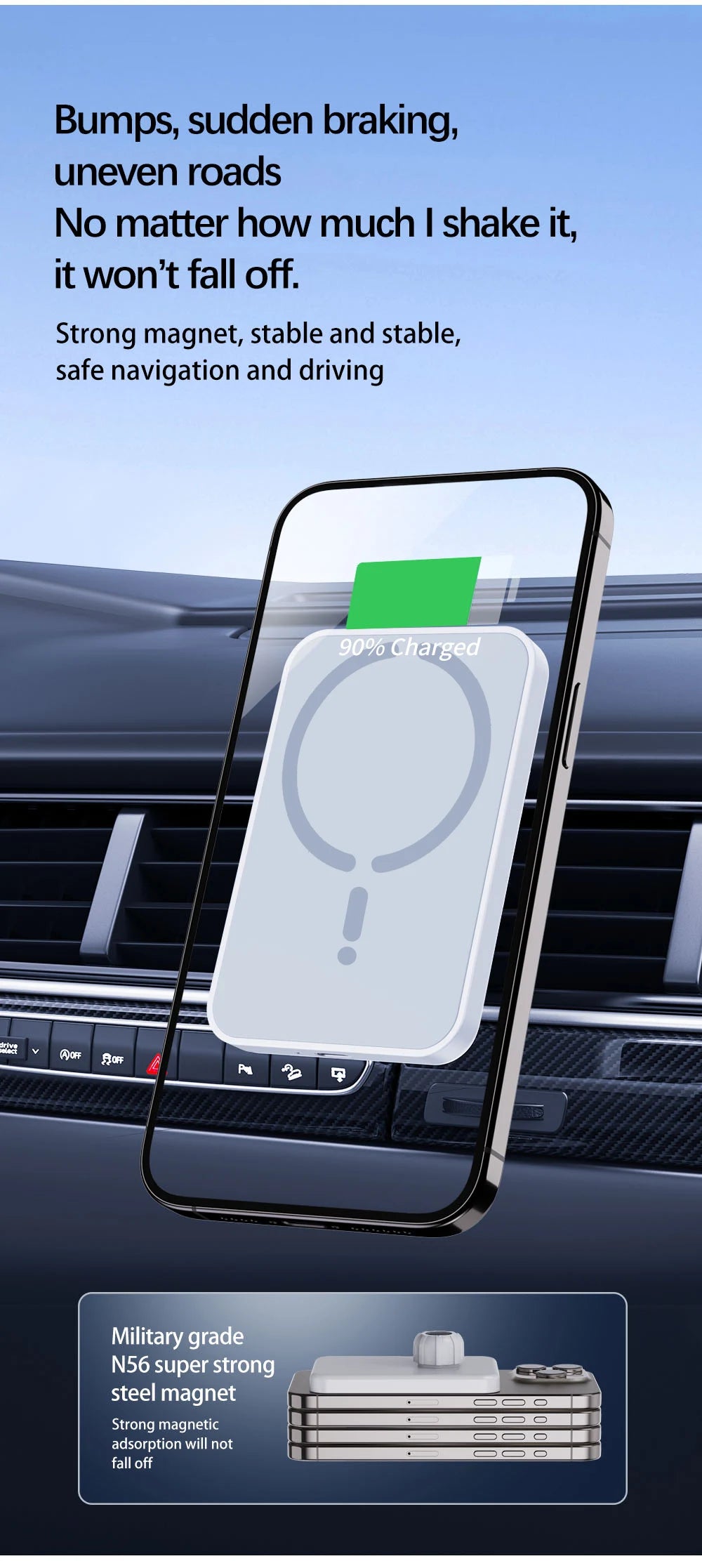 Caricabatterie wireless magnetico per auto da 15 W per iPhone 12, 13, 14, 15, 16 Pro Max, supporto per telefono da auto con bocchetta di aerazione, ricarica rapida.