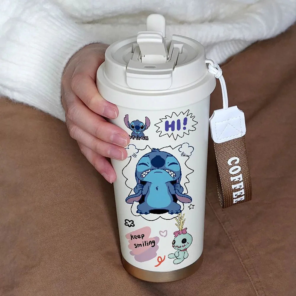 Tazza termica in acciaio inox 304 con cannuccia, Kawaii Stitch Anime, da 600 ml, portatile, doppia bottiglia per l'acqua potabile