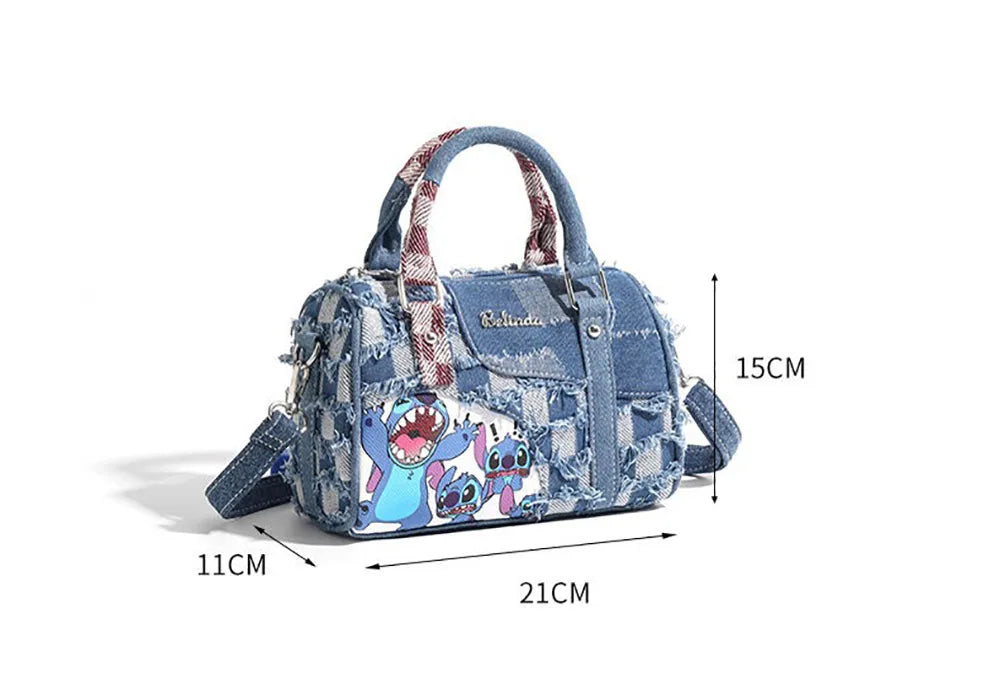 Borsa a tracolla in denim con motivo a cartoni animati, a contrasto, alla moda, con colori a contrasto, da donna, tote bag casual.