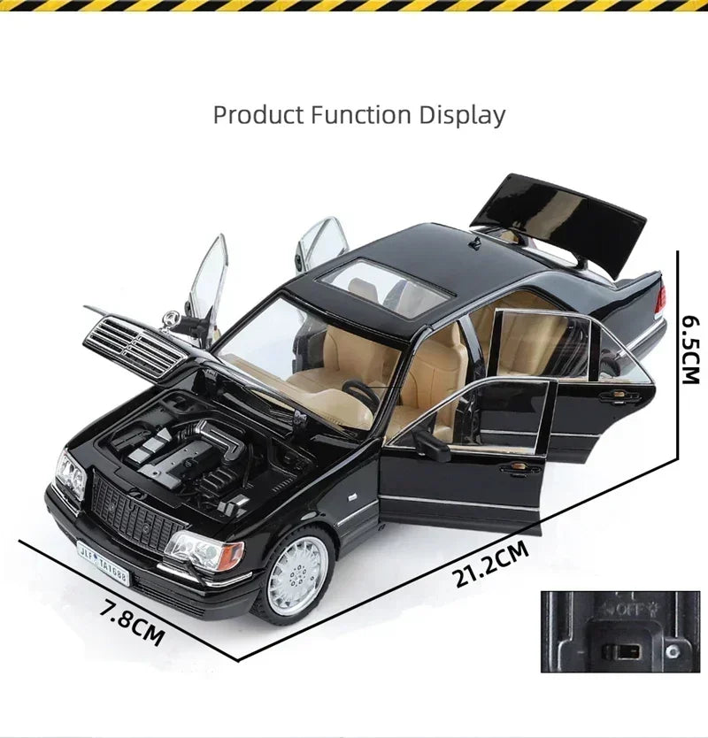 Modello di auto in scala 1:24 Mercedes Benz S320 W140 in lega con suono e luce, collezione di veicoli giocattolo.