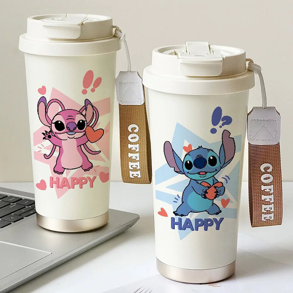 Tazza termica in acciaio inox 304 con cannuccia, Kawaii Stitch Anime, da 600 ml, portatile, doppia bottiglia per l'acqua potabile