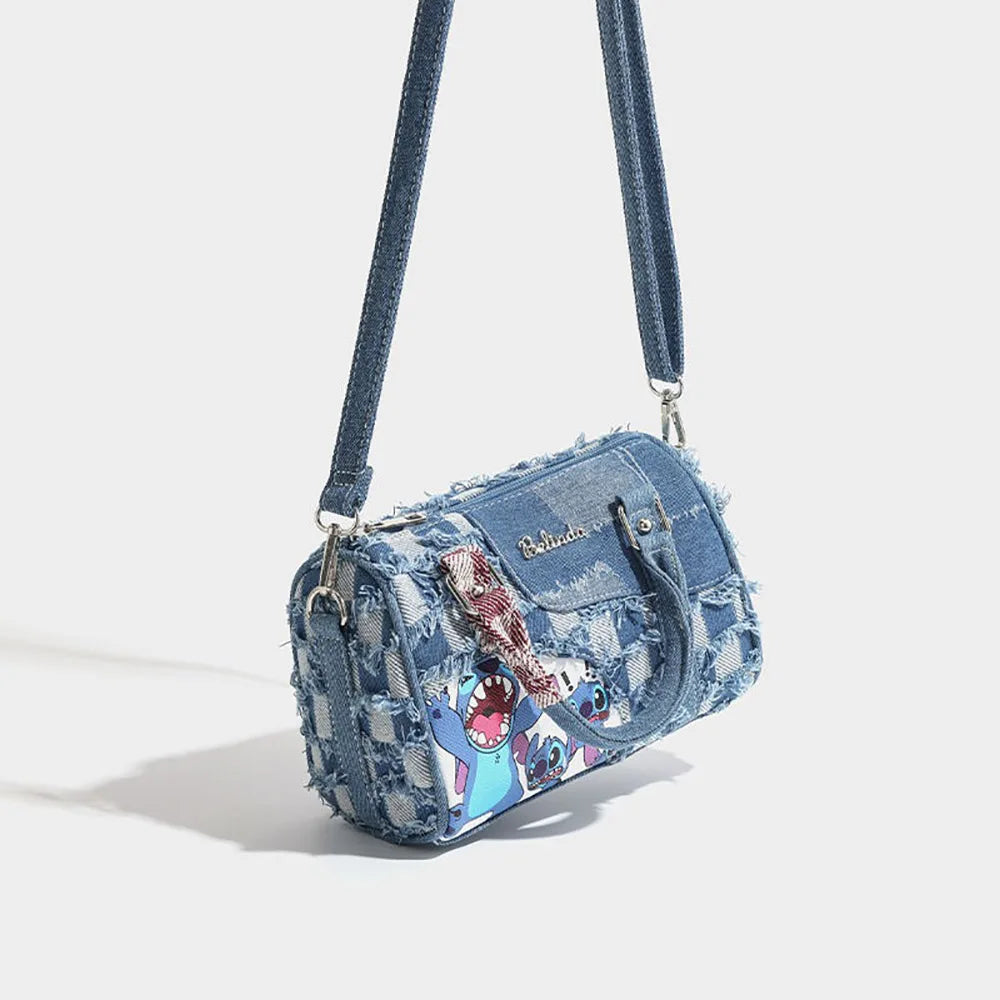 Borsa a tracolla in denim con motivo a cartoni animati, a contrasto, alla moda, con colori a contrasto, da donna, tote bag casual.