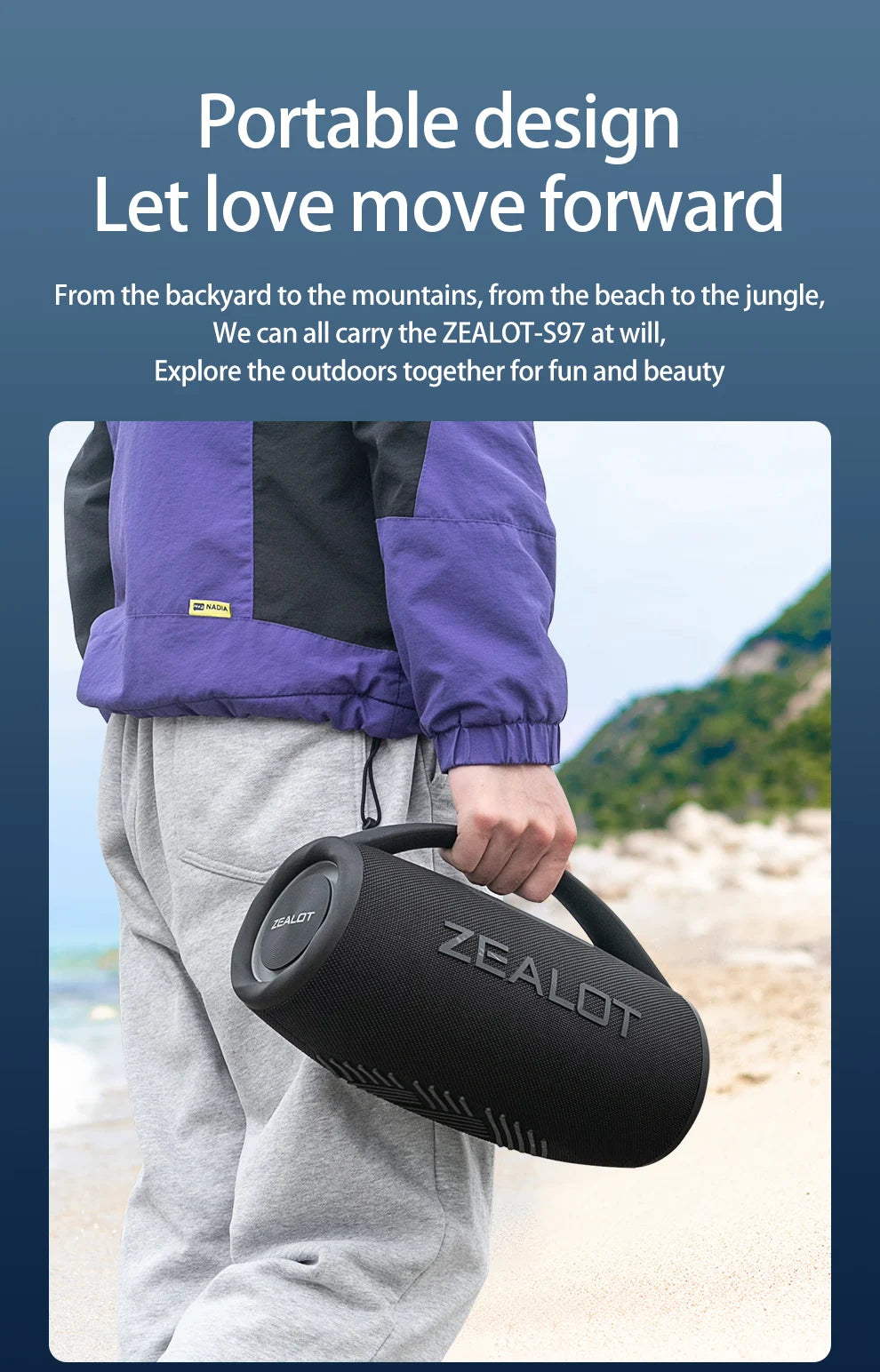 Casse wireless ZEALOT S97 80W portatile per esterni, qualità audio Hifi, luce RGB, 24 ore di riproduzione, 16000mAh