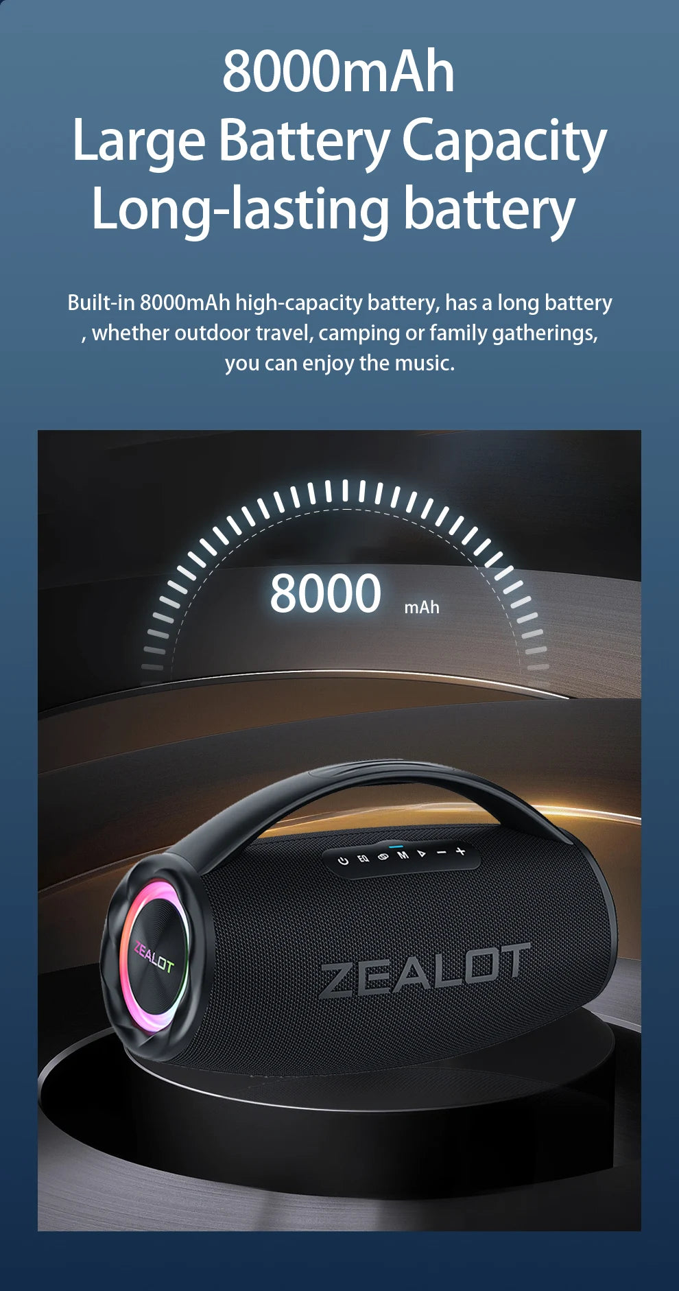Casse wireless ZEALOT S97 80W portatile per esterni, qualità audio Hifi, luce RGB, 24 ore di riproduzione, 16000mAh