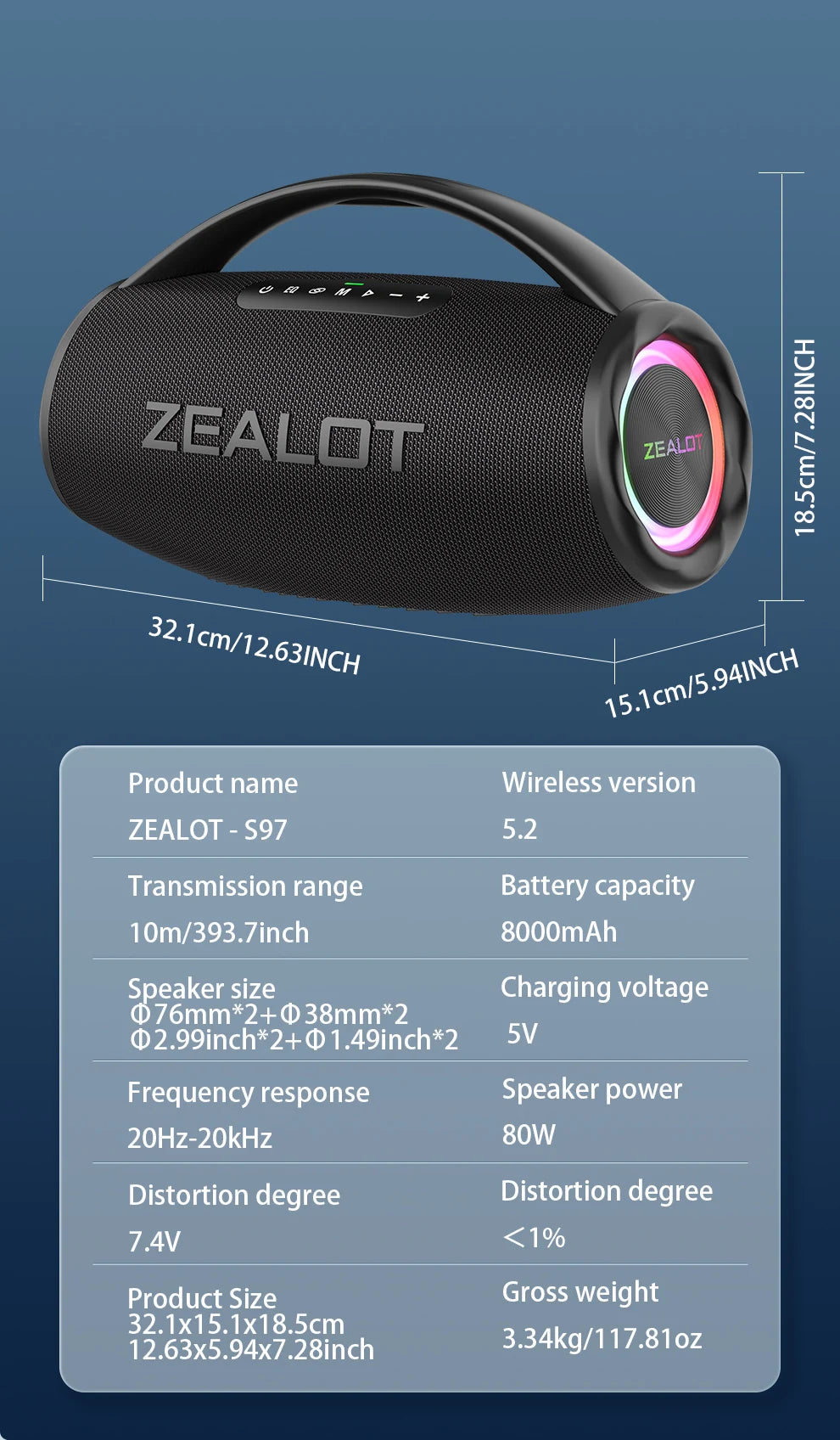 Casse wireless ZEALOT S97 80W portatile per esterni, qualità audio Hifi, luce RGB, 24 ore di riproduzione, 16000mAh