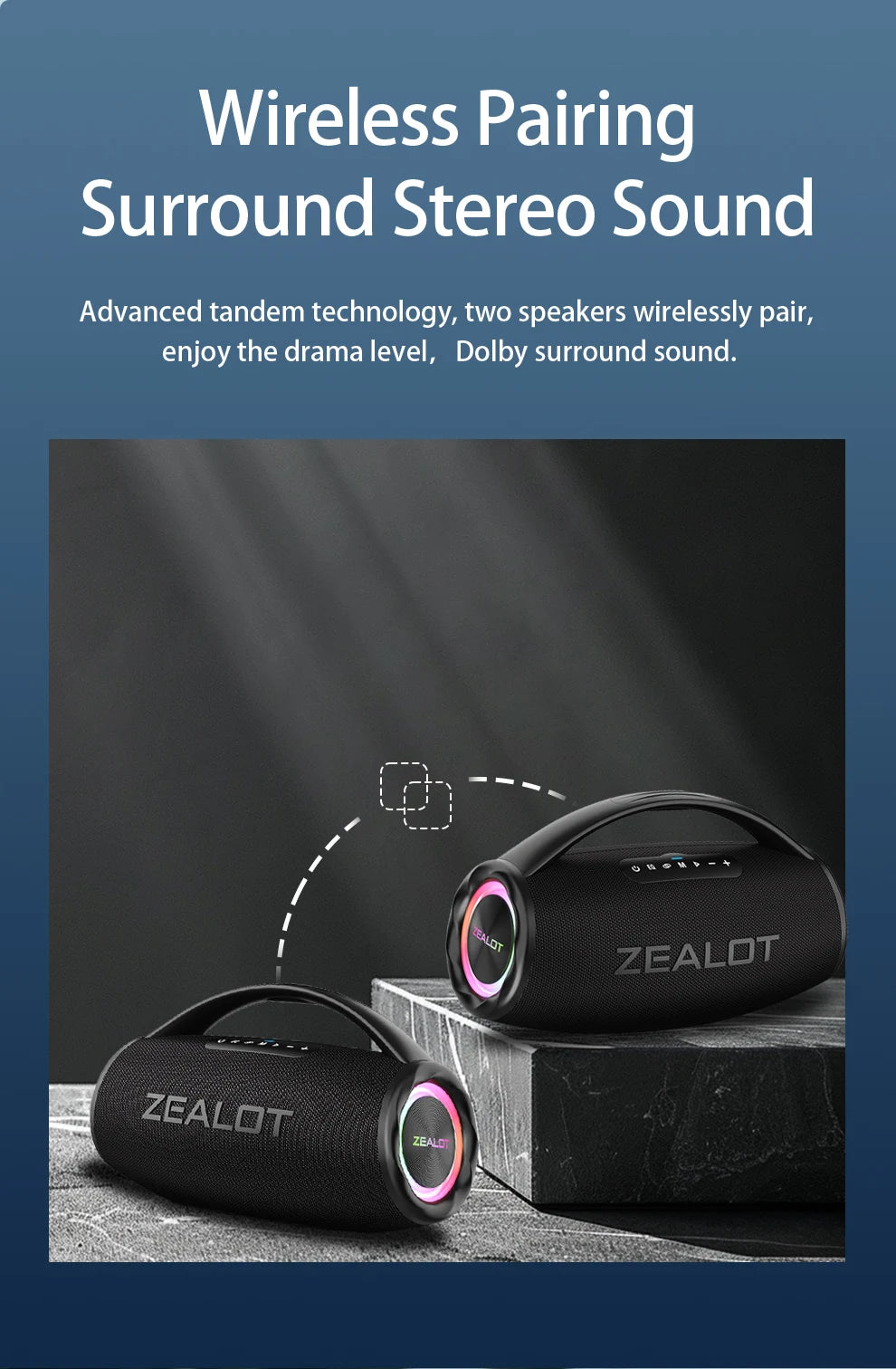 Casse wireless ZEALOT S97 80W portatile per esterni, qualità audio Hifi, luce RGB, 24 ore di riproduzione, 16000mAh