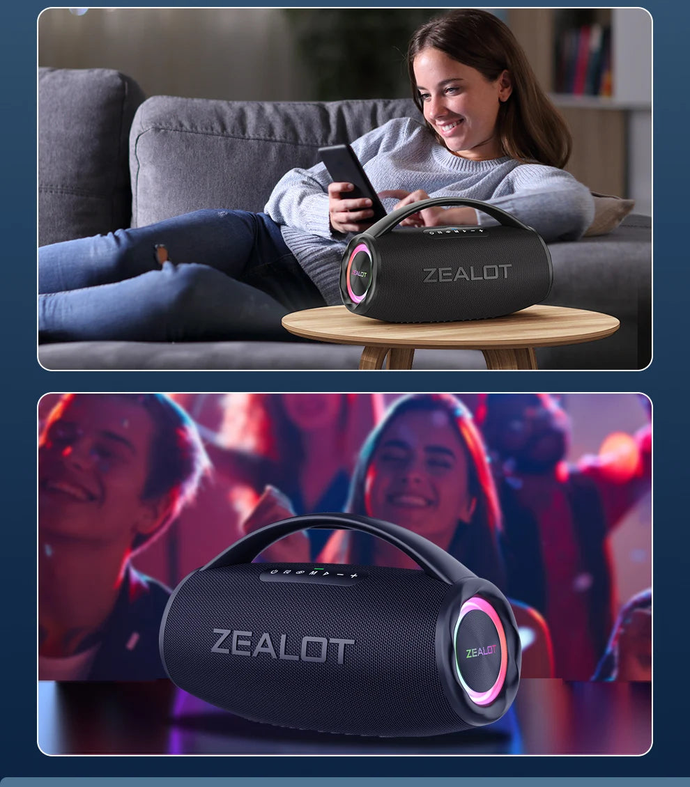 Casse wireless ZEALOT S97 80W portatile per esterni, qualità audio Hifi, luce RGB, 24 ore di riproduzione, 16000mAh