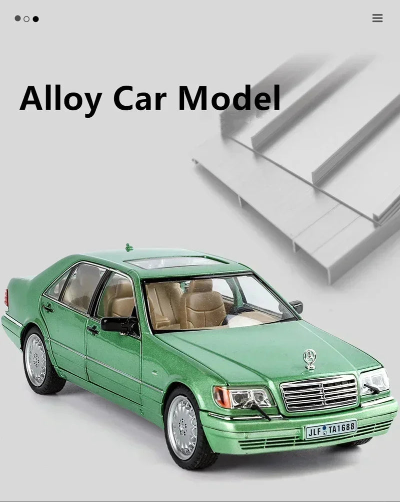 Modello di auto in scala 1:24 Mercedes Benz S320 W140 in lega con suono e luce, collezione di veicoli giocattolo.