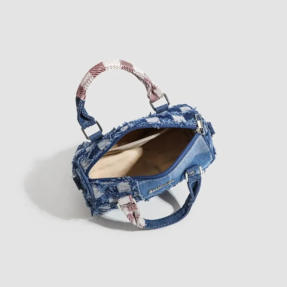 Borsa a tracolla in denim con motivo a cartoni animati, a contrasto, alla moda, con colori a contrasto, da donna, tote bag casual.
