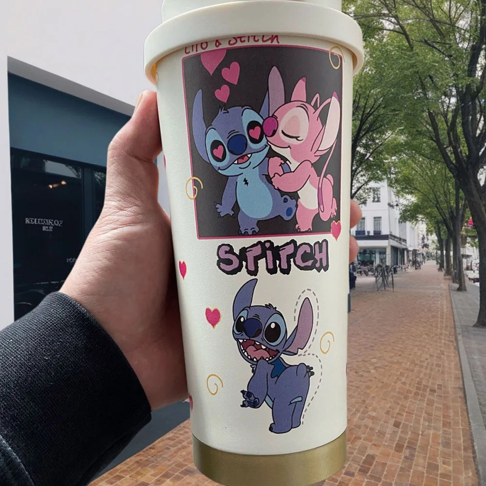 Tazza termica in acciaio inox 304 con cannuccia, Kawaii Stitch Anime, da 600 ml, portatile, doppia bottiglia per l'acqua potabile