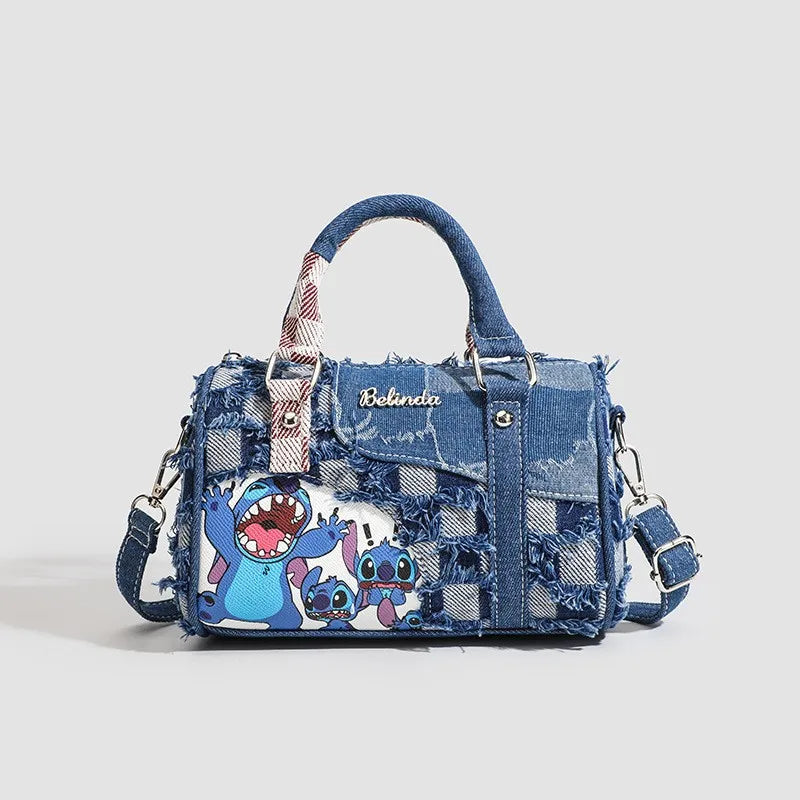 Borsa a tracolla in denim con motivo a cartoni animati, a contrasto, alla moda, con colori a contrasto, da donna, tote bag casual.