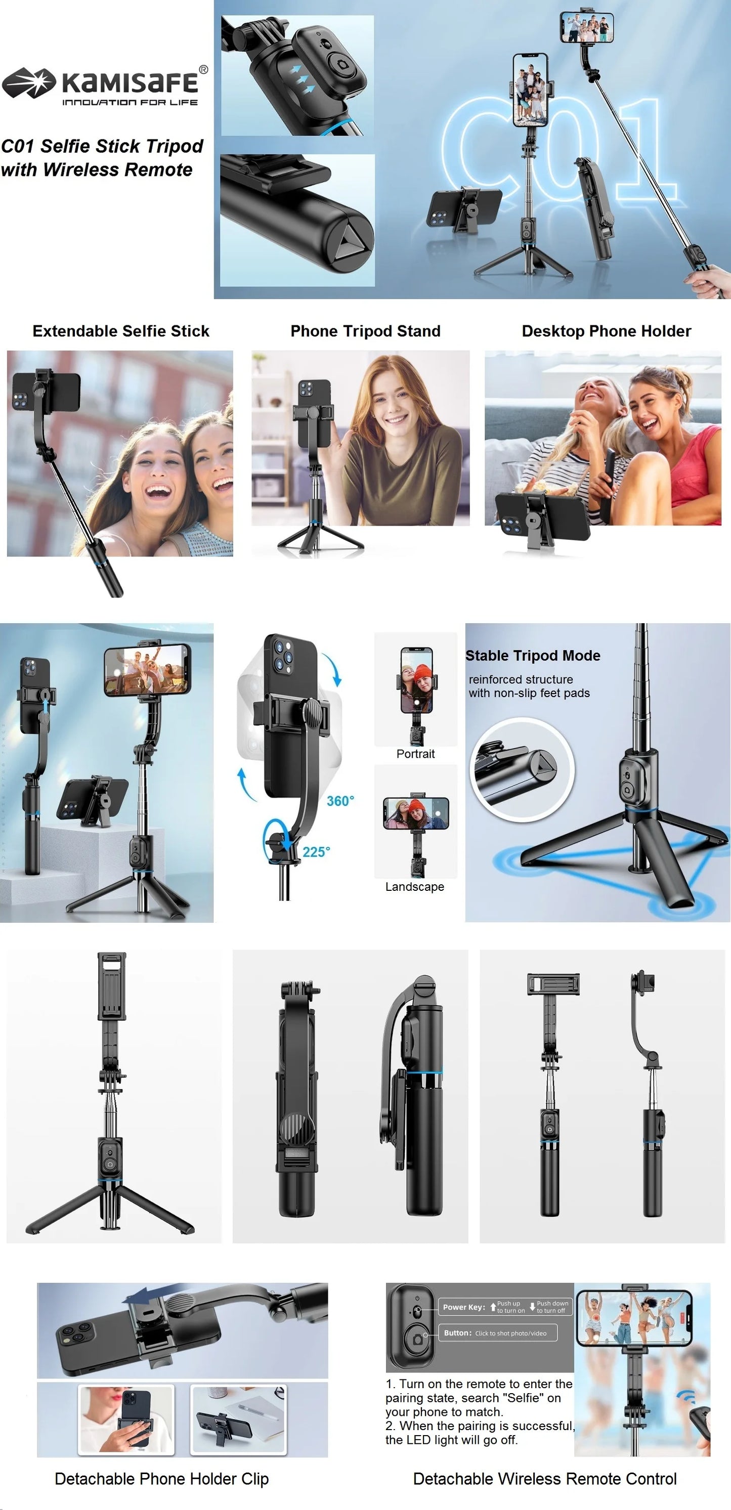 Asta da Selfie con treppiede e telecomando, per iPhone 15 14 13 12 Pro Max Android Galaxy S23 S22