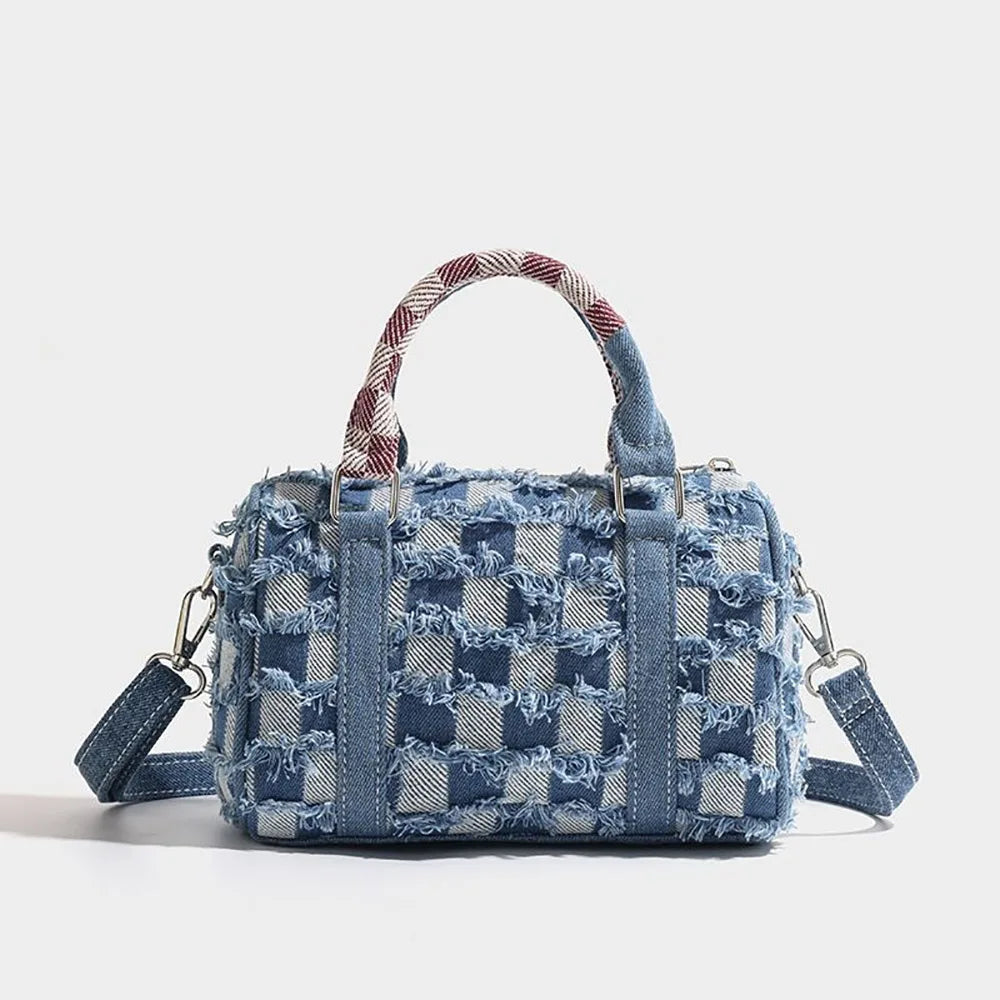 Borsa a tracolla in denim con motivo a cartoni animati, a contrasto, alla moda, con colori a contrasto, da donna, tote bag casual.