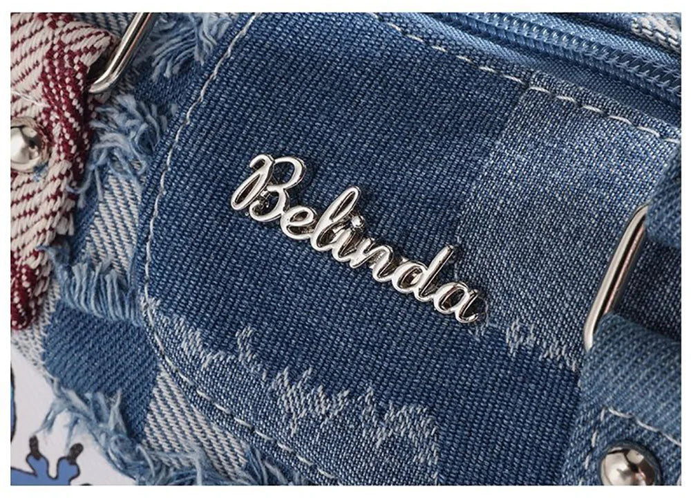 Borsa a tracolla in denim con motivo a cartoni animati, a contrasto, alla moda, con colori a contrasto, da donna, tote bag casual.