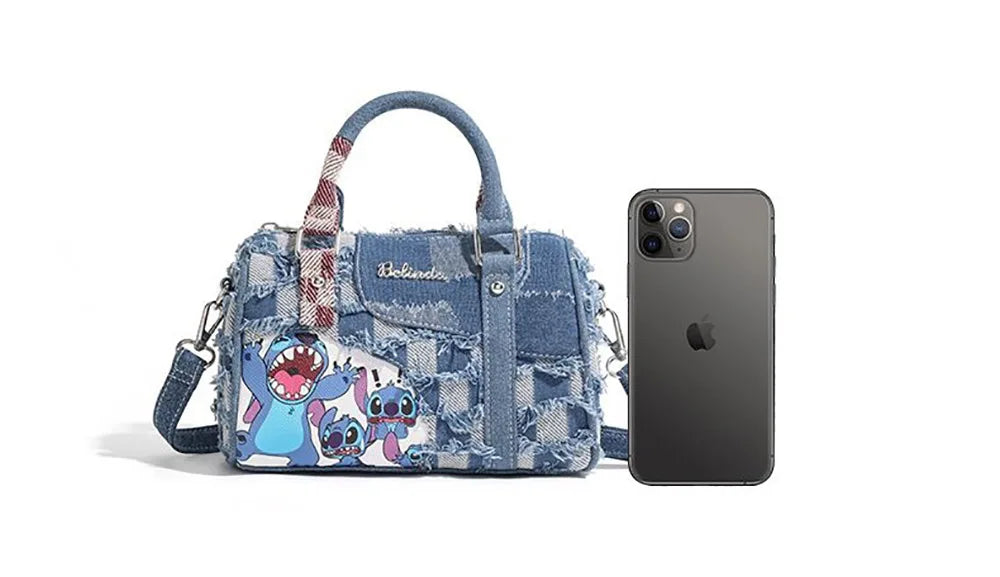 Borsa a tracolla in denim con motivo a cartoni animati, a contrasto, alla moda, con colori a contrasto, da donna, tote bag casual.