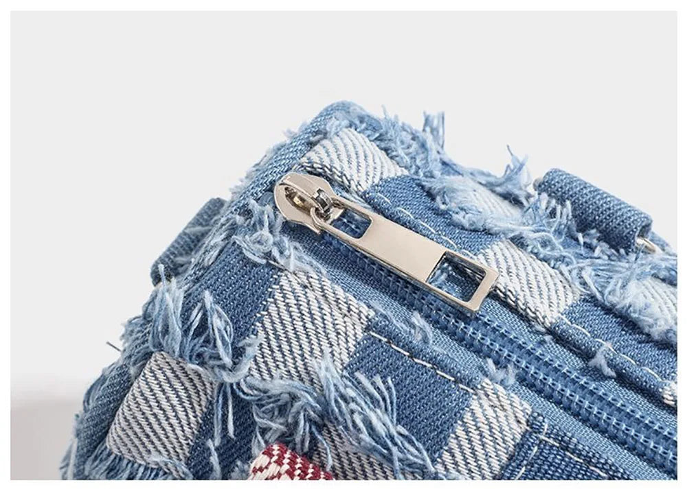 Borsa a tracolla in denim con motivo a cartoni animati, a contrasto, alla moda, con colori a contrasto, da donna, tote bag casual.