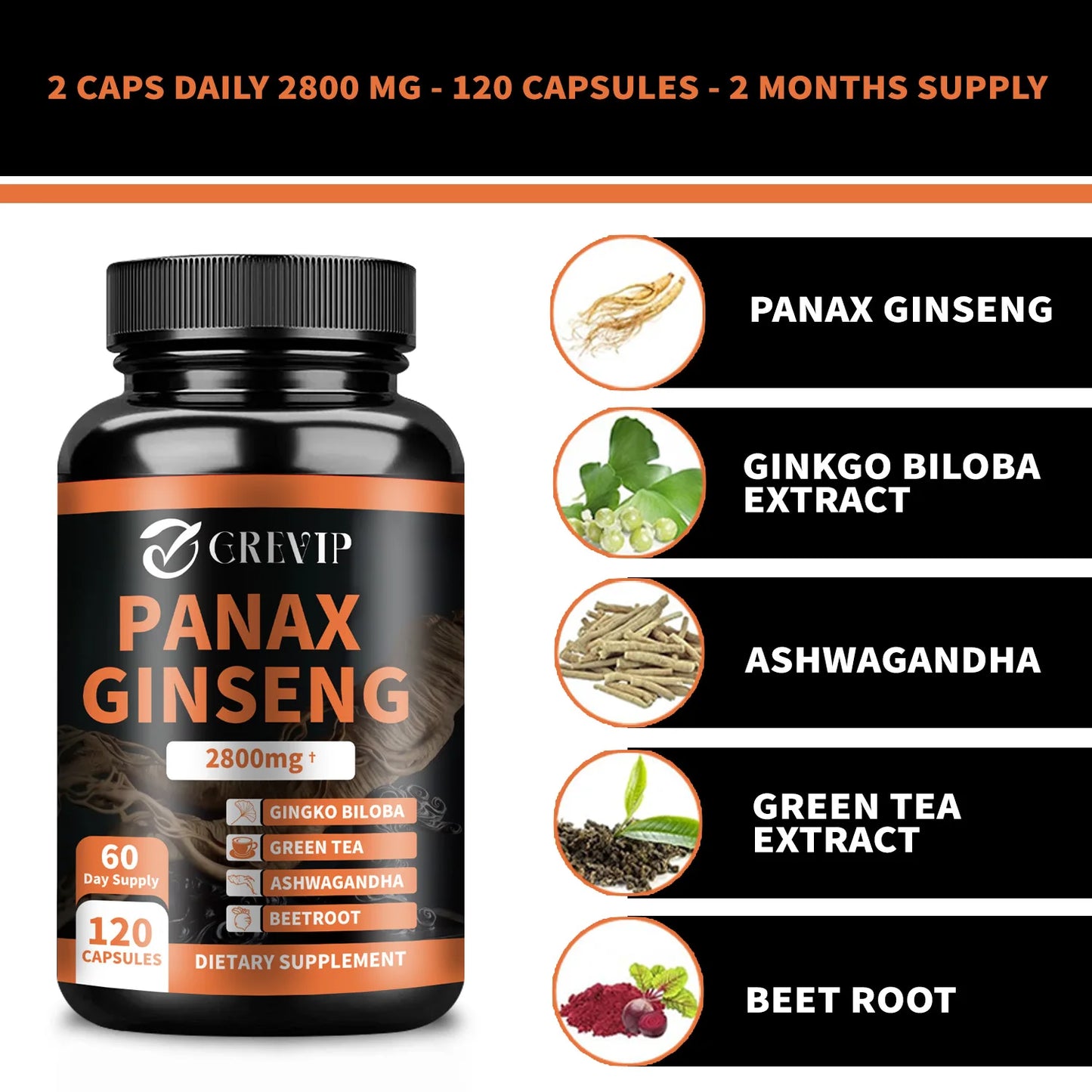 Panax Ginseng Capsules - Enhance Energy Endurance, Improve Memory and Concentration - 120 Capsules