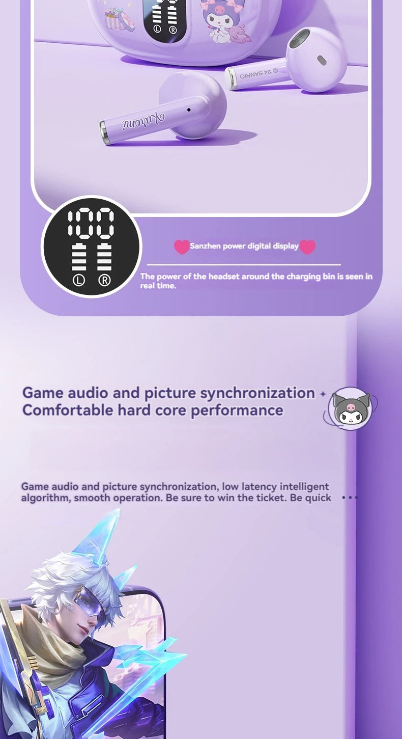 Auricolari Sanrio TWS BL48 Kuromi Bluetooth Cuffie Cinnamoroll Auricolari wireless Hello Kitty Sport Riduzione del rumore Cuffie da gioco