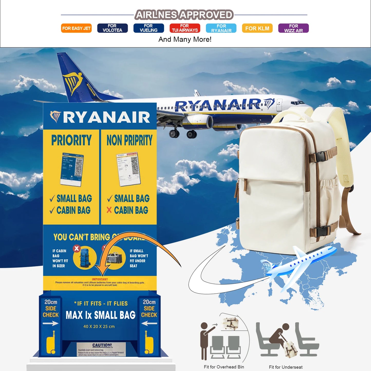 Zaino da viaggio per cabina aerea 40x30x20, zaino da cabina per bagagli a mano  40x30x20, bagagli a mano per uomini e donne, borse per laptop da 15,6 pollici