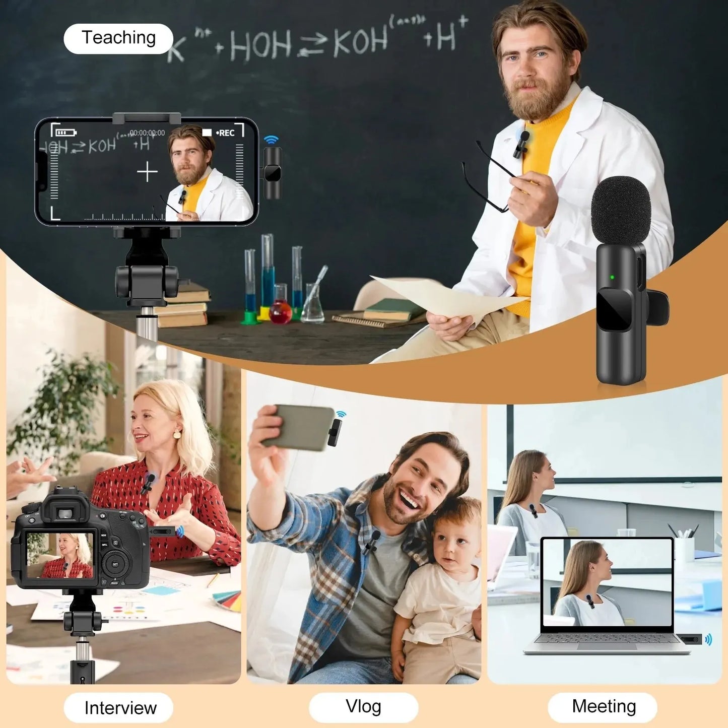 Nuovo microfono lavalier wireless portatile per registrazione audio e video, ottimo per iPhone e Android, da gioco, per trasmissioni in diretta.