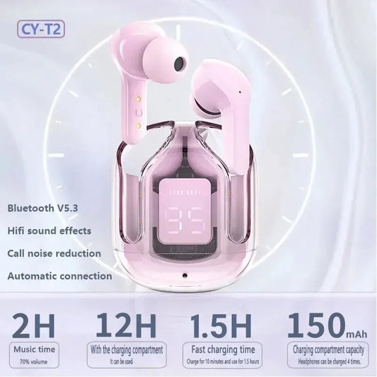 Auricolari Bluetooth wireless originali T2, cuffie HIFI trasparenti con display digitale a LED e suono stereo per Xiaomi