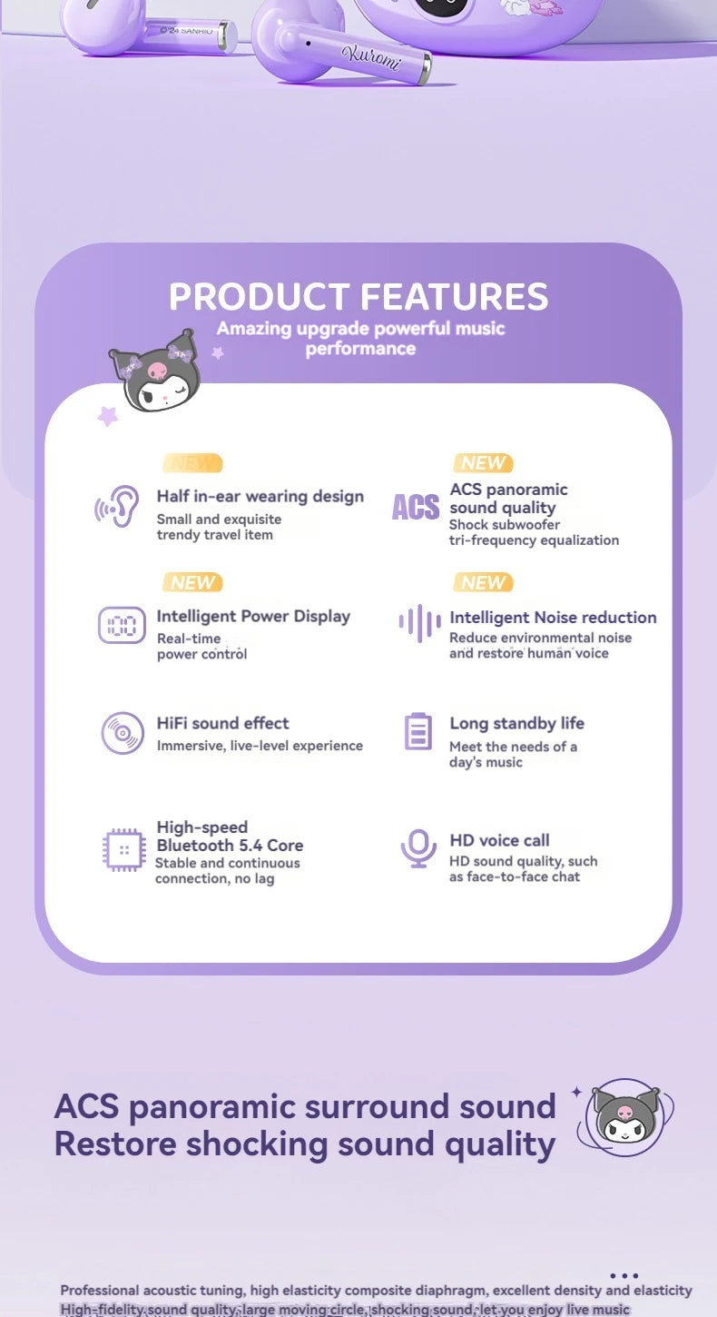 Auricolari Sanrio TWS BL48 Kuromi Bluetooth Cuffie Cinnamoroll Auricolari wireless Hello Kitty Sport Riduzione del rumore Cuffie da gioco