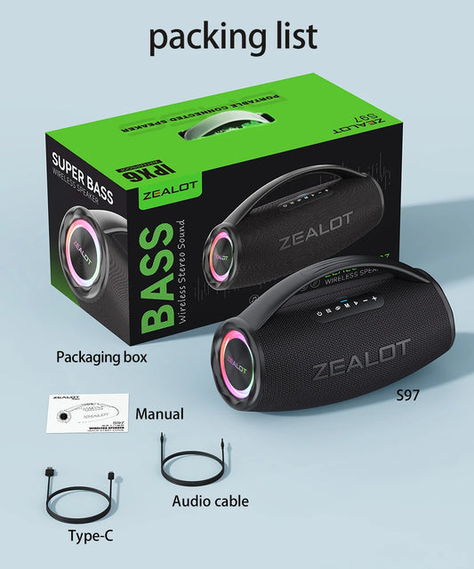 Casse wireless ZEALOT S97 80W portatile per esterni, qualità audio Hifi, luce RGB, 24 ore di riproduzione, 16000mAh