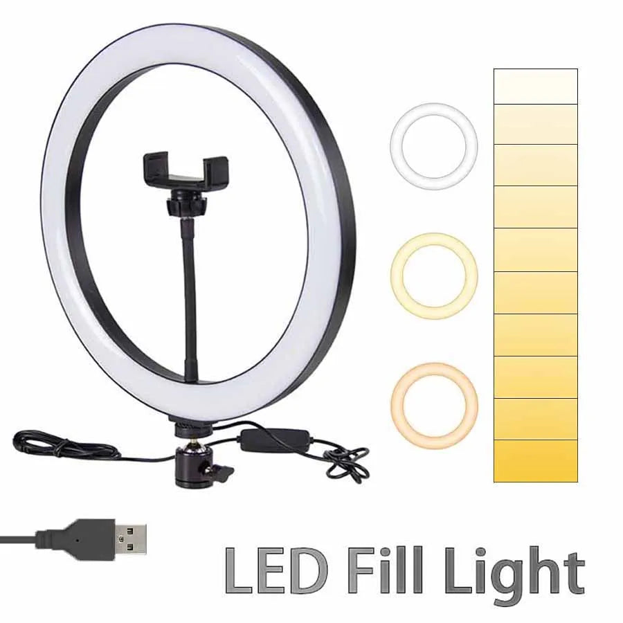 Luce ad anello per selfie a LED Spina USB da 10 pollici Illuminazione a 3 toni. Luce per fotografia, registrazione video, per trasmissione in diretta e tanto altro.