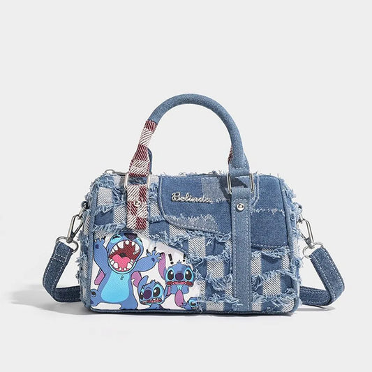 Borsa a tracolla in denim con motivo a cartoni animati, a contrasto, alla moda, con colori a contrasto, da donna, tote bag casual.