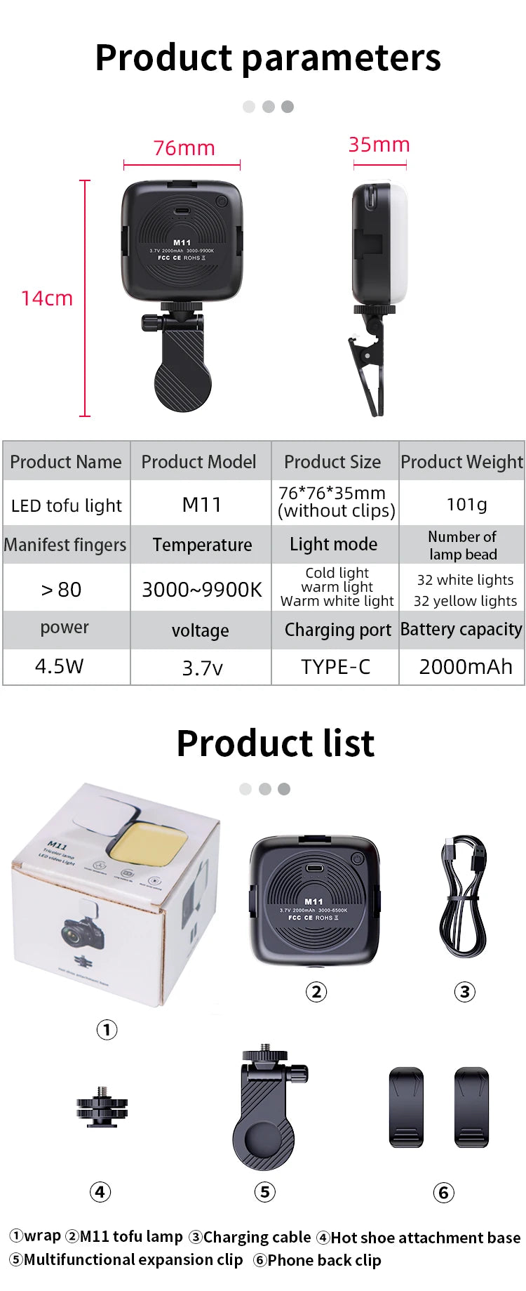 Luce portatile a LED per selfie, per videocamera per telefono o macchina fotografica da usare per videoregistrazioni su TikTok o altri canali, video per trucco e tanto altro.